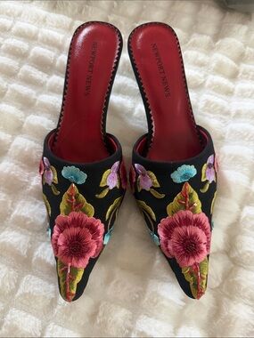Newport News Black Embroidered Floral Pointed Mules with Pink Accents